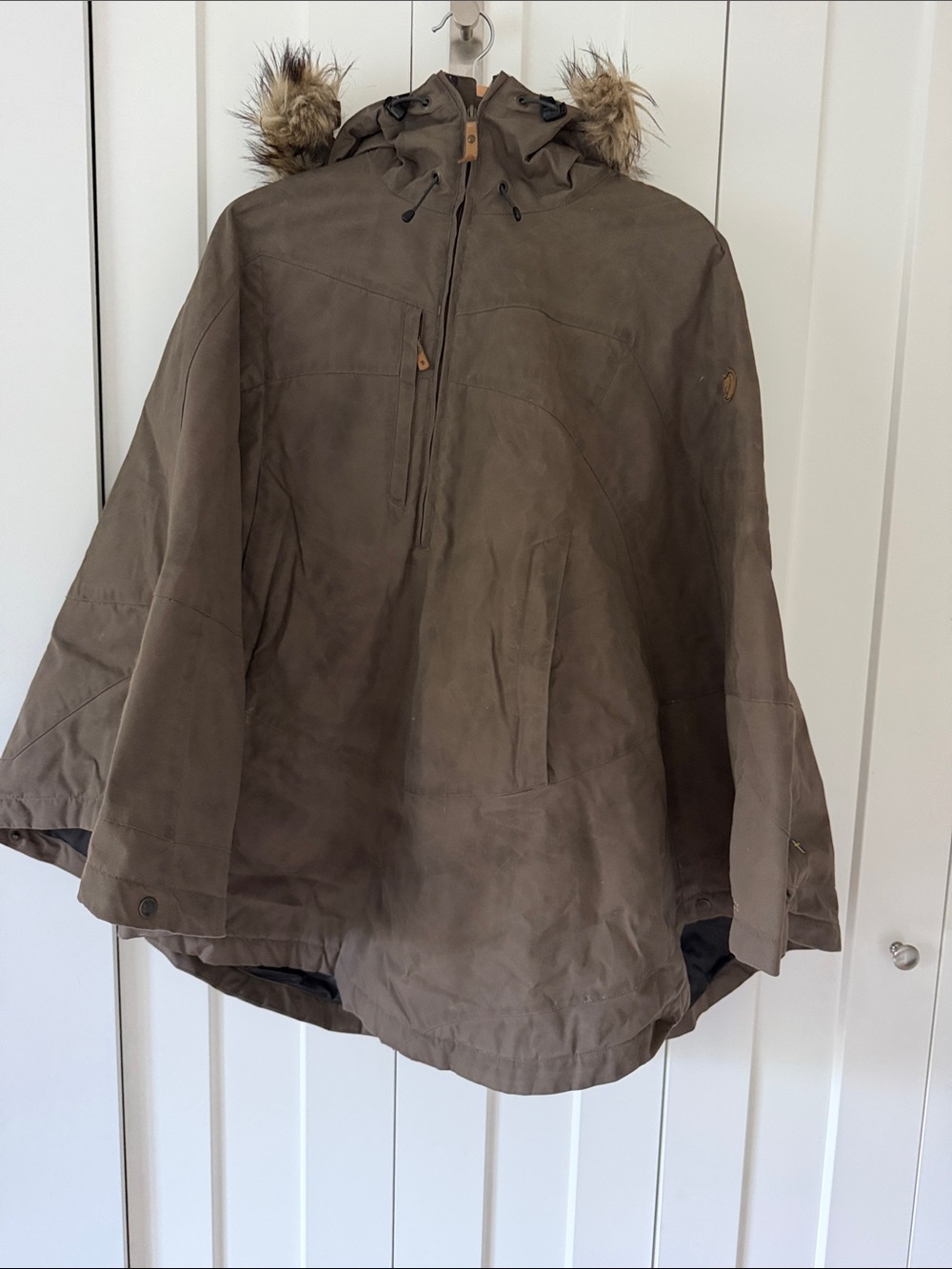 Fjallraven Women’s Brown Hooded Poncho with Faux-Fur Trim